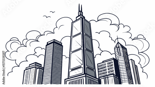 City skyline illustration of skyscrapers and clouds with birds in flight drawing design vector