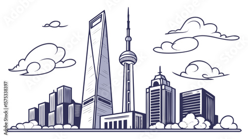 Shanghai skyline illustration with oriental pearl tower and skyscrapers in china drawing artwork vector image