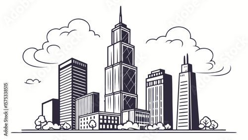 Downtown chicago skyline drawing with skyscrapers and clouds in black and white vector illustration