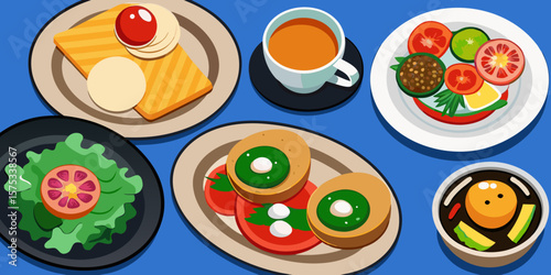 A gourmet breakfast illustration with a set of Easter eggs, bacon, and bread on a plate