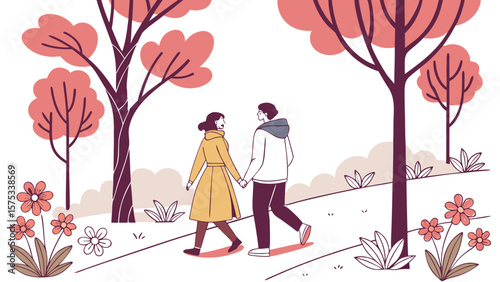 Illustration of loving couple walking in park with trees and flowers for romantic outdoor scene concept