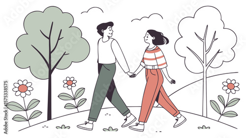 Couple walking in park vector illustration for romance love relationship and outdoor activity designs art 100