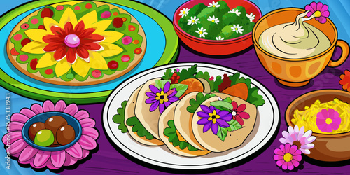 A delightful set of Easter eggs and fresh flowers adorns a table, perfect for a sweet holiday breakfast