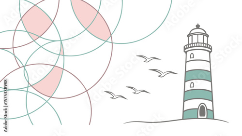 Nautical lighthouse scene with birds and abstract geometric shapes vector illustration design concept
