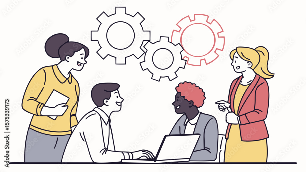 Obraz premium Illustration of business team collaboration and teamwork with gears for problem solving concept design