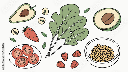 Healthy eating concept featuring avocado strawberry spinach tomatoes and nuts for balanced diet plan