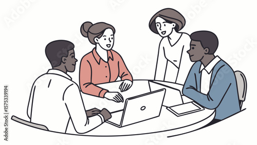 Diverse team collaboration meeting around table with laptop for business strategy and planning session