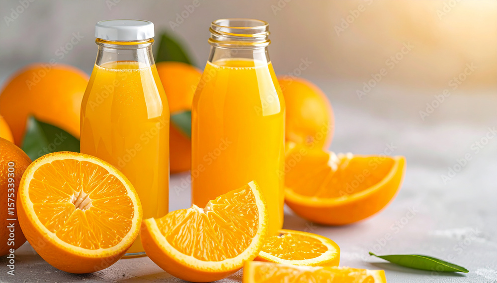 Fresh Orange Juice in Glass Bottle with Sliced Oranges, Citrus Branding Theme in High Key Light Fresh Orange Juice in Glass Bottle with Sliced Oranges, Citrus Branding Theme in High Key Light