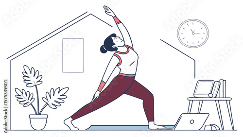 Woman doing yoga at home for fitness and wellness online class training with laptop and plant in background