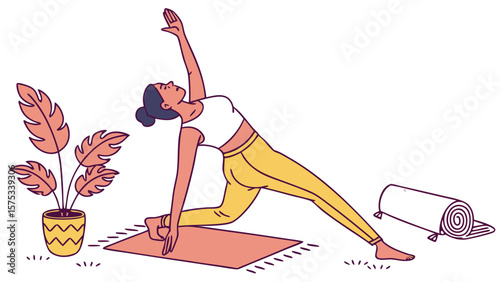 Woman practicing yoga pose indoor with yoga mat and plant for health and wellness lifestyle at home studio