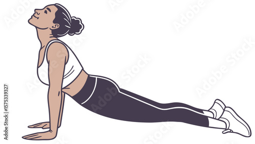 Woman doing yoga exercise cobra pose for back pain relief stretching fitness and wellness illustration