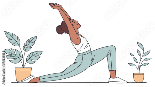 Woman doing yoga pose warrior one for wellness and health with plants in a bright and airy space
