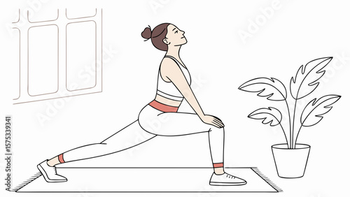 Woman doing yoga lunge pose at home for fitness and wellness and healthy lifestyle exercise routine