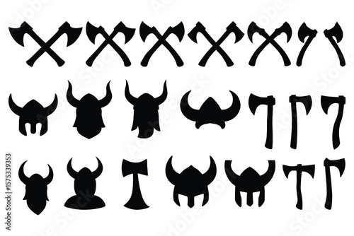 Viking helmets and axes silhouettes weapon battle