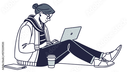 Woman working remotely on laptop computer sitting on floor with coffee and tablet vector illustration