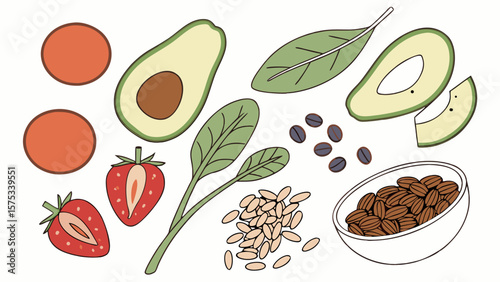 Healthy food vector illustration with avocado spinach strawberry and almonds for diet concept design