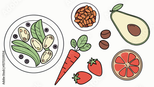 Healthy food illustration featuring salad avocado carrot beans strawberry and grapefruit diet for wellness is shown
