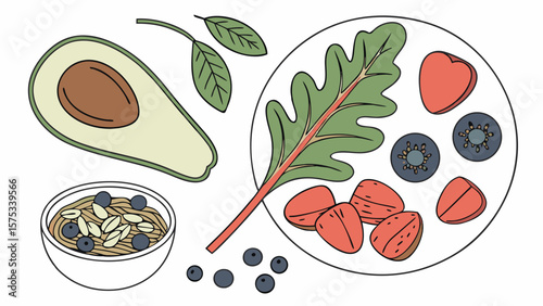 Healthy food breakfast bowl avocado salad with berries and fruits vector illustration design concept