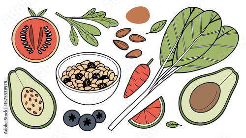Healthy food ingredients for balanced diet avocado spinach seeds egg tomato carrot and beans nutritional meal