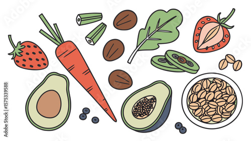 Healthy food illustration featuring fresh vegetables fruits and grains for nutrition and diet 100