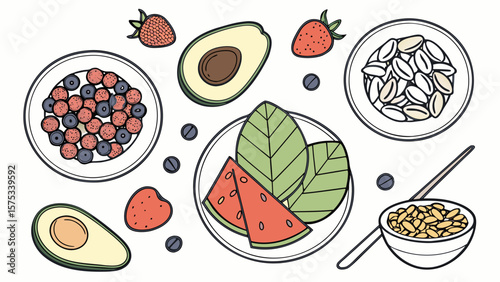 Healthy food breakfast bowl with fruits berries avocado and grains for nutrition and diet plan concept