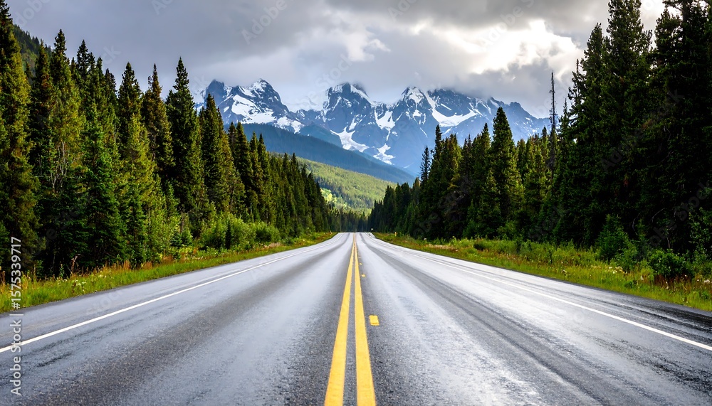 Fototapeta premium Open Road Through Lush Forest with Mountain View, Driving Adventure, and Scenic Landscape.