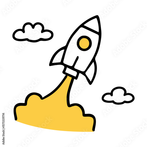 Rocket Launching with Yellow Smoke Trail. Startup Doodle Line Art Hand-Drawn Vector Illustration.