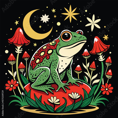 Green frog among red mushrooms and moon vector