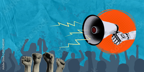 Modern halftone collage of robotic hand holding megaphone with raised fists in background. Grayscale AI model holding megaphone and cheering protesters. Protest. Budget.