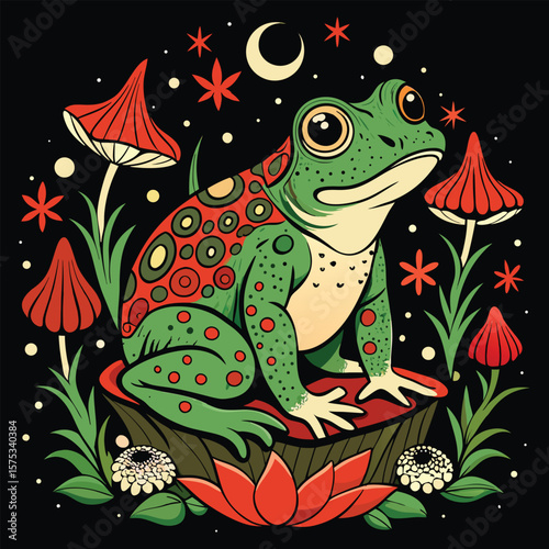 Green frog with red patterned back sitting on a stump