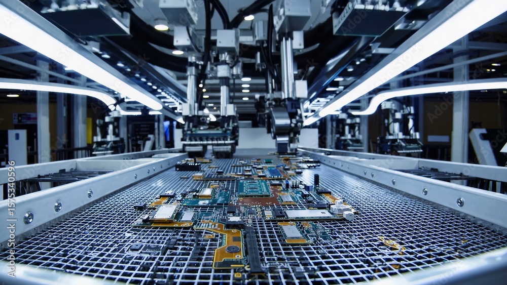 Fototapeta premium Robotic arms precisely handling circuit boards along automated conveyor in modern electronics manufacturing facility, demonstrating advanced industrial automation and technological precision