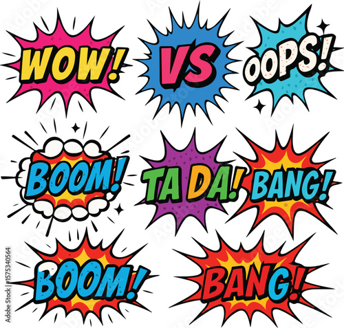 Comics signs. Boom, bang and wow sound effects in comic pop art style. Oops, Ta da and VS word in burst frame vector cartoon illustration set