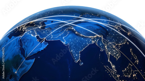 Global network of light trails connecting cities across the earth at night illustrating worldwide communication and transportation systems