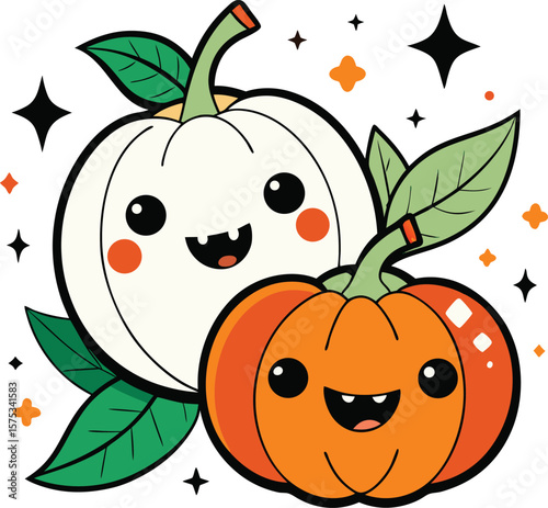 Two happy pumpkins with leaves and stars white pumpkin