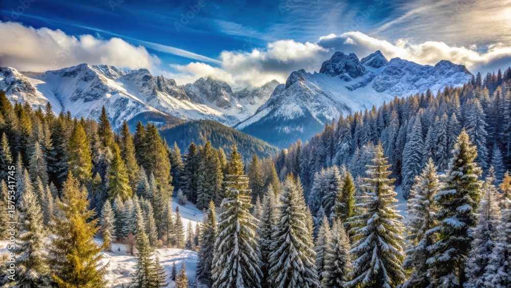 Fototapeta premium Mountainous terrain with trees and snow, snowy forest, rugged terrain , snowy forest