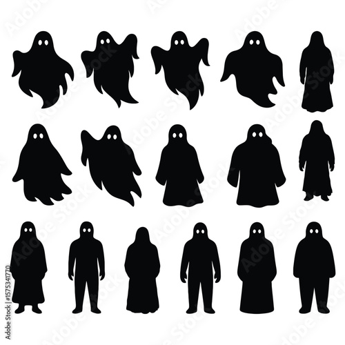Black ghost silhouettes with white eyes halloween spooky