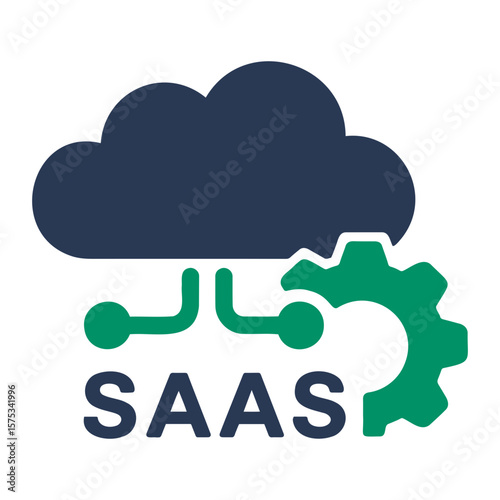 Illustration of a dark cloud, a green gear, and the word saas with connecting lines below it