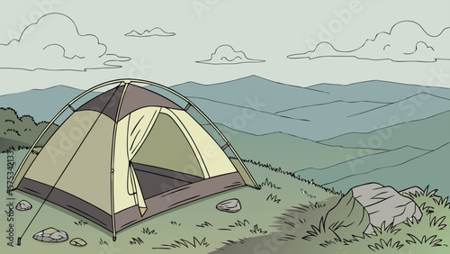 Camping Tent Setup in the Mountains Surrounded by Nature
