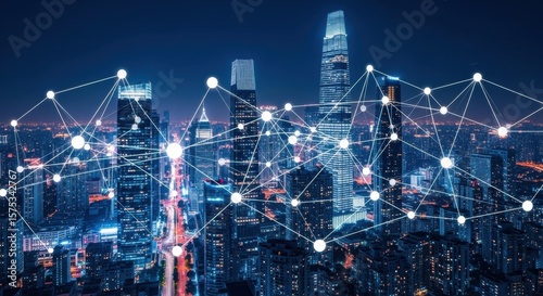 Futuristic Cityscape: Networked Metropolis at Night with Glowing Connections