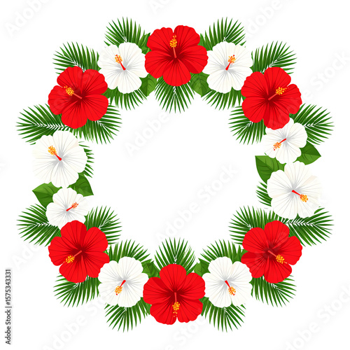 A vibrant floral wreath or frame composed of red and white hibiscus blossoms isolated on transparent background. Hibiscus flower clipart