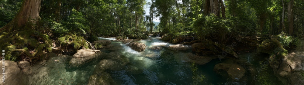 Naklejka premium Panoramic 360 degrees hdr view of a scenic river in lush nature