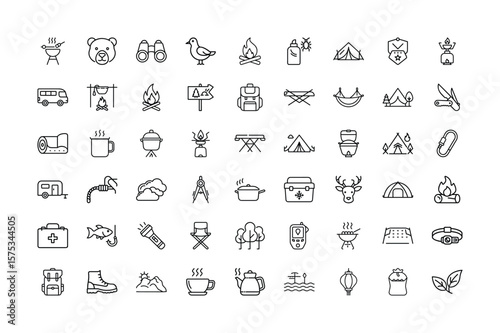 Camping and Outdoor Adventure Icon Set Essential Gear and Nature Elements