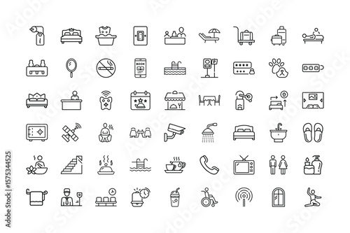 Hotel Amenities and Services A Comprehensive Collection of Outline Icons Representing Various Facilities