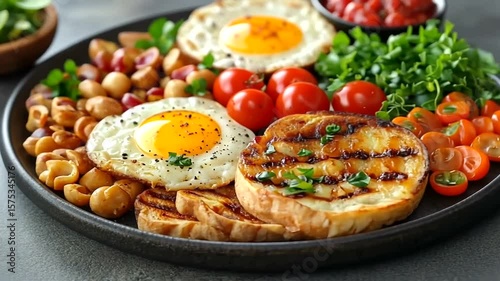 Delicious and Nutritious Breakfast Platter with Eggs, Grilled Bread, Vegetables and Sauce