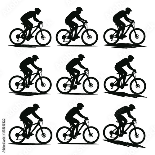 Cyclist silhouettes riding mountain bikes black