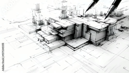 Detailed architectural sketch showcasing intricate building design with precise pen strokes
