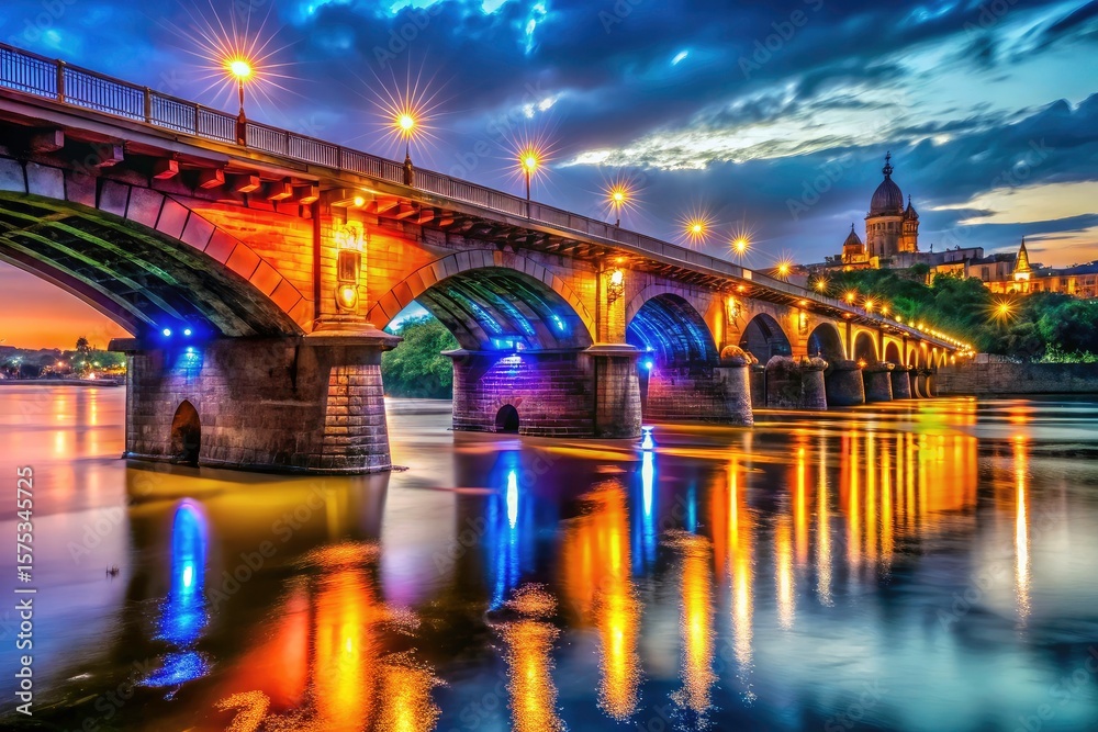 Fototapeta premium Majestic Chhatrapati Shivaji Bridge, Pune, glows under the night sky. A 1924 architectural marvel, a Maharashtra legacy.