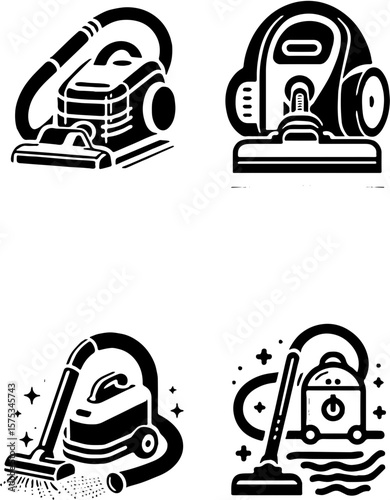 vacuum cleaner icon set with canister styles and cleaning effects in black and white
