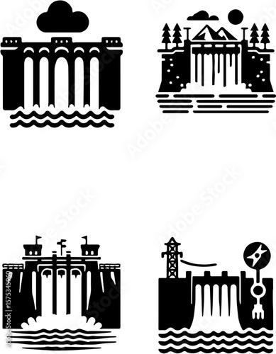 hydroelectric dam icon set with water flow, nature and energy symbols in black and white