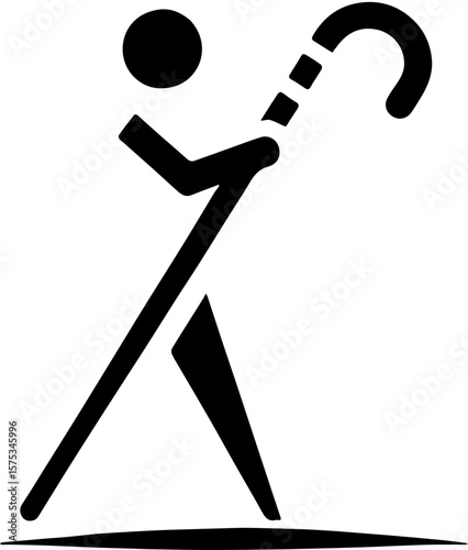 stick figure person icon with walking cane in black and white for accessibility or health visuals